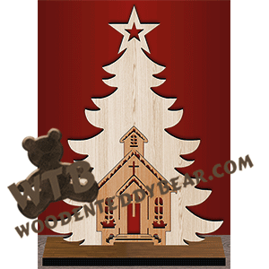 Tree with Church Inlay | Fretwork Scroll Saw Pattern | Wooden Teddy Bear