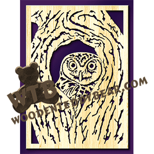 Finished example of Owl in a Tree Hollow | A Fretwork Scroll Saw Pattern from The Wooden Teddy Bear
