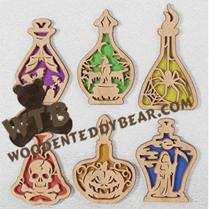 Layered Halloween Potion Bottle Ornaments or Stand-ups | Fretwork Scroll Saw Pattern | Wooden Teddy Bear