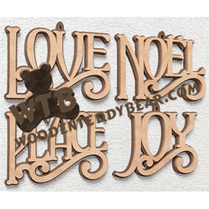 Noel, Peace, Joy & Love Stand-ups and Ornaments | Fretwork Scroll Saw Pattern | Wooden Teddy Bear