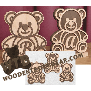 Finished example of Monogram Teddy Bear Stand-Ups & Ornaments | A Fretwork Scroll Saw Pattern from The Wooden Teddy Bear
