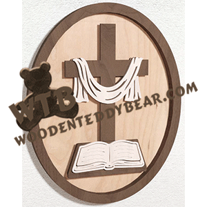 Finished example of Cross & Bible Layered Plaque | A Fretwork Scroll Saw Pattern from The Wooden Teddy Bear