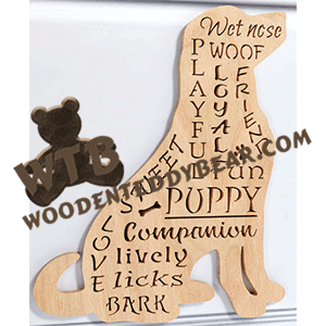Finished example of Puppy Silhouette Word Cloud | A Fretwork Scroll Saw Pattern from The Wooden Teddy Bear