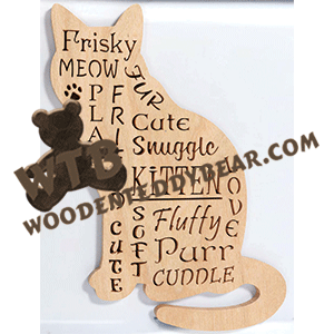 Finished example of Kitty Silhouette Word Cloud | A Fretwork Scroll Saw Pattern from The Wooden Teddy Bear