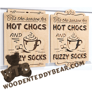 Finished example of Hot Chocs & Fuzzy Socks | A Fretwork Scroll Saw Pattern from The Wooden Teddy Bear