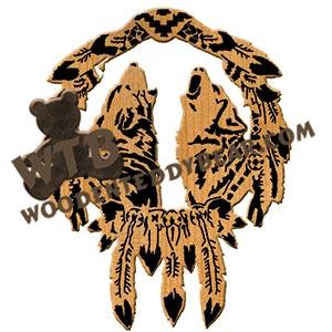 Howling Wolves in Feathers fretwork scroll saw pattern | The Wooden Teddy Bear