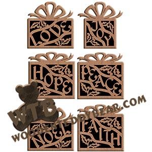 Word Present Ornaments #2 fretwork scroll saw pattern |The Wooden Teddy Bear