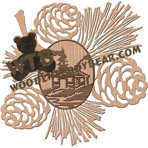 Pinecones with Cabin Overlay fretwork scroll saw pattern |The Wooden Teddy Bear