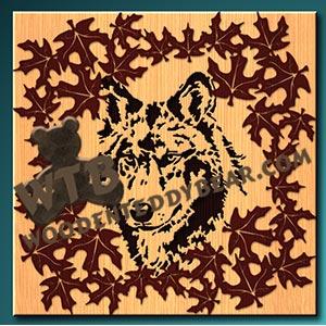 Wolf Head with Autumn Leaves Overlay fretwork scroll saw pattern |The Wooden Teddy Bear