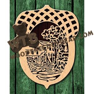 Acorn with Farmhouse & Water Wheel fretwork scroll saw pattern |The Wooden Teddy Bear