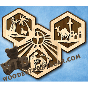 Nativity Hexagons Plaque | Fretwork Scroll Saw Pattern | Wooden Teddy Bear