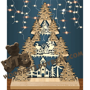 Winter Village Tree | Fretwork Scroll Saw Pattern | Wooden Teddy Bear
