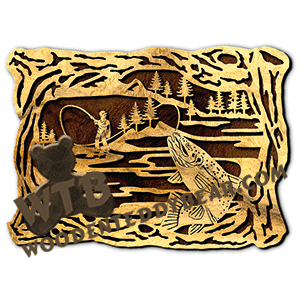 Wood Frame with Trout Fishing Scene | Fretwork Scroll Saw Pattern | Wooden Teddy Bear