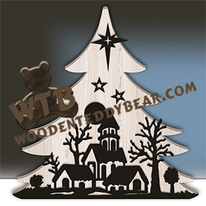 Tree with Winter Silhouette | Fretwork Scroll Saw Pattern | Wooden Teddy Bear