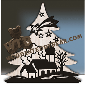 Tree with Church Scene Silhouette | Fretwork Scroll Saw Pattern | Wooden Teddy Bear