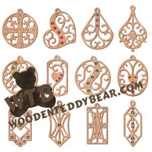 12 Embellished Filigree Pendent Ornaments fretwork scroll saw pattern | The Wooden Teddy Bear