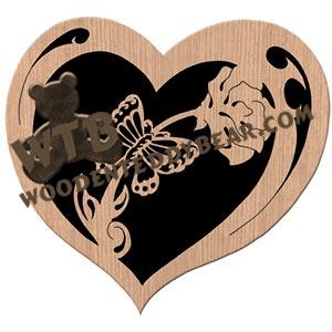 Butterfly & Rose in Heart fretwork scroll saw pattern | The Wooden Teddy Bear